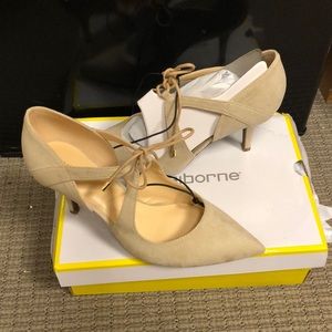 Nude Suede Laced Pumps